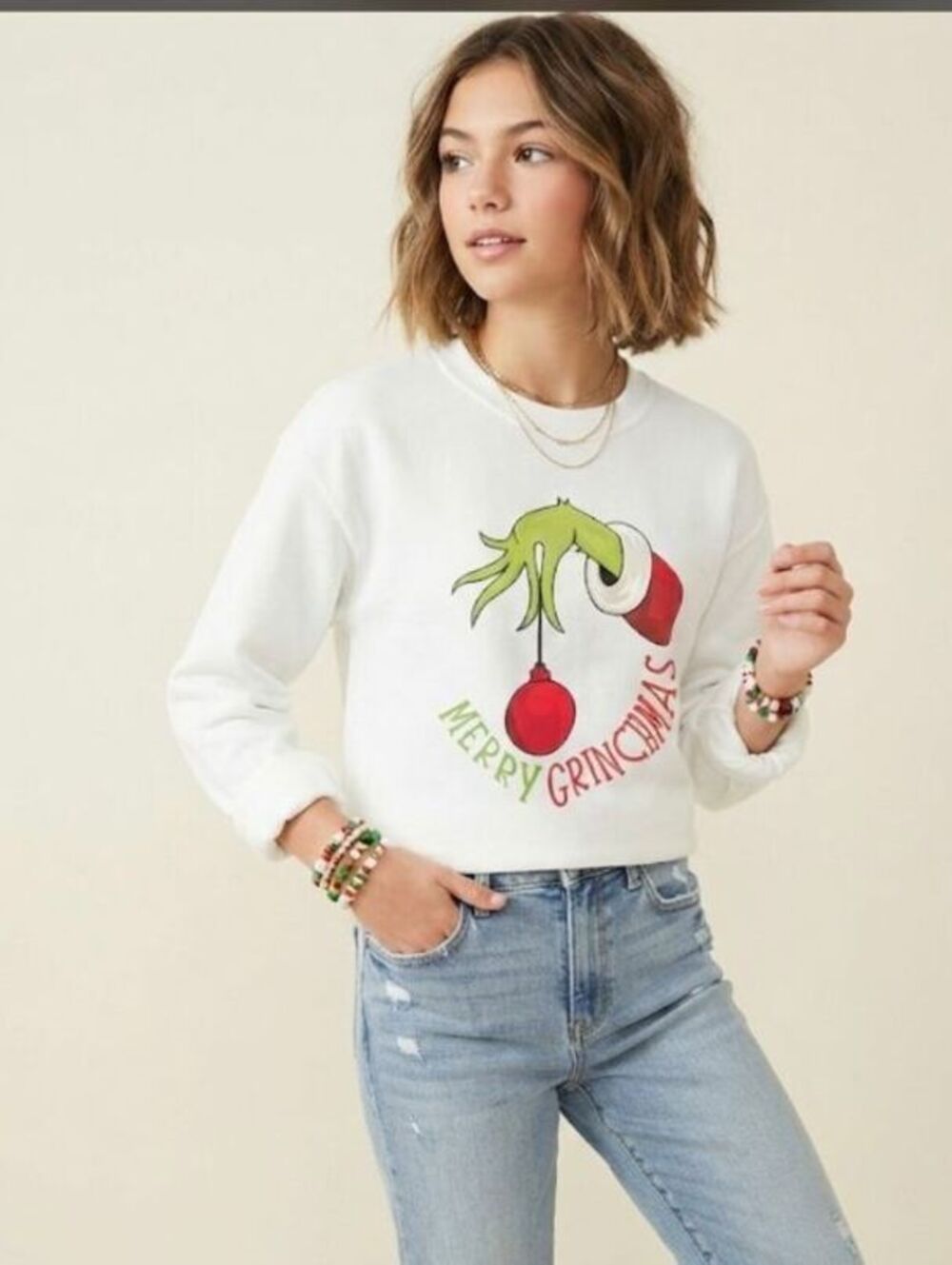 grinch hand merry Christmas white youth sweatshirt